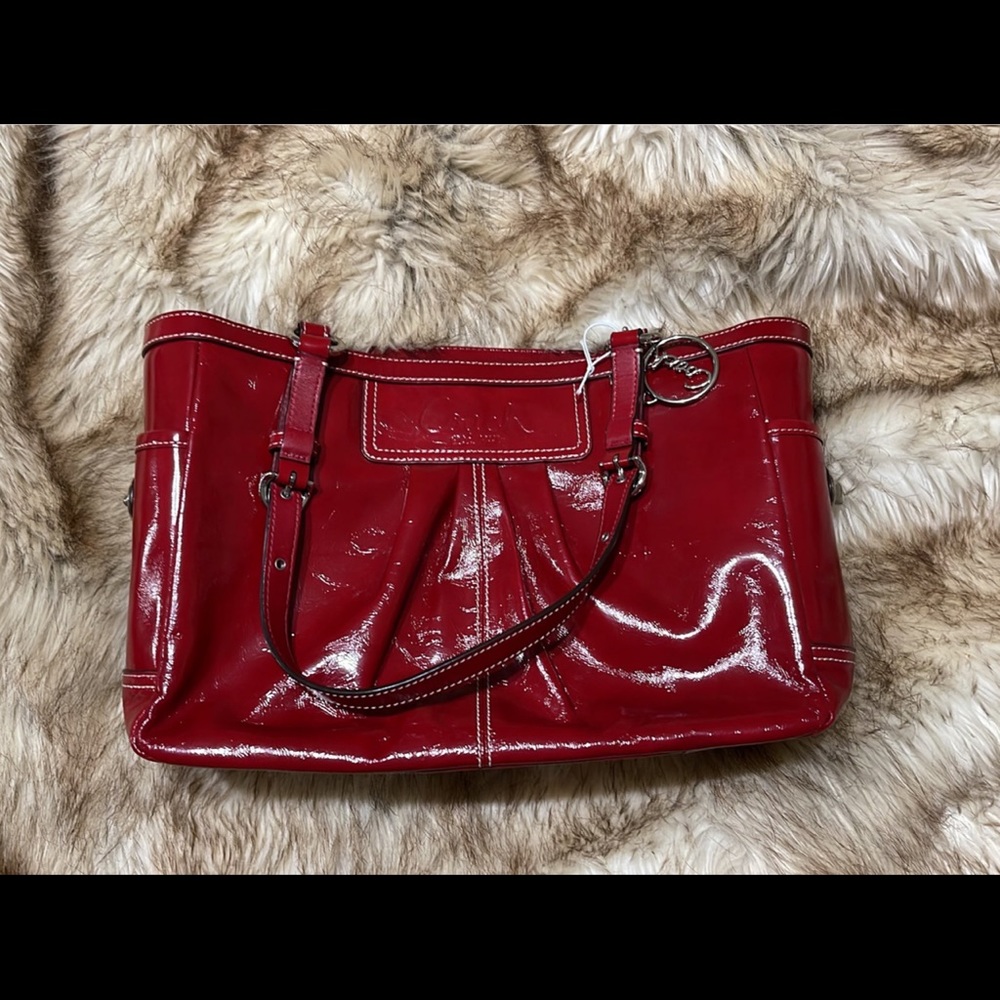 Coach red patent leather tote bag